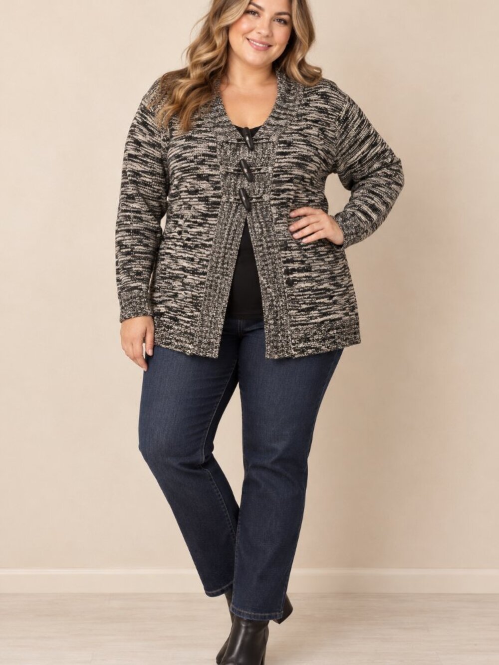 Coco + Carmen Women’s 1X Marled Toggle Front 3/4 Sleeve Cardigan qm